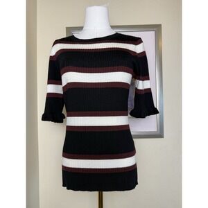 Frame 70s Ruffle Cuff Sweater‎ Retro Ribbed Stretchy | Noir Multi | Womens Large